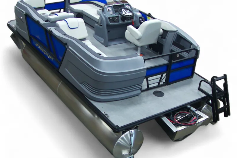 Slide: The Image of 2026 Starcraft GX 18 R pontoon boat with modern seating and steering console. - 18