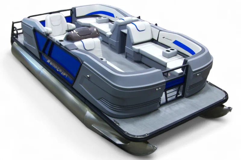 Slide: The Image of 2026 Starcraft GX 18 R pontoon boat with modern seating and sleek design. - 19