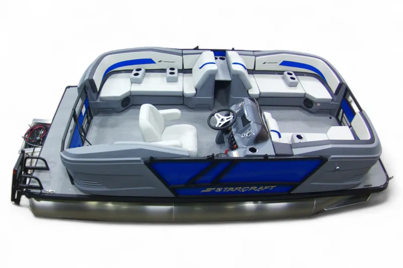 Slide: The Image of 2026 Starcraft GX 18 R pontoon boat with modern seating and steering console. - 21