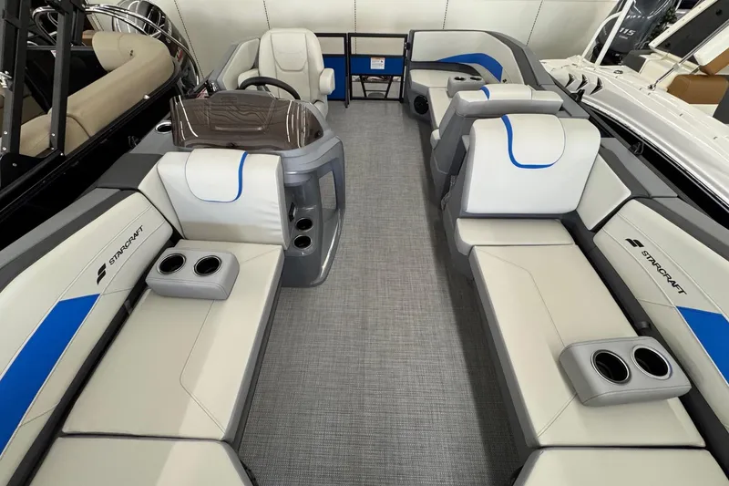 Slide: The Image of 2026 Starcraft GX 18 R boat interior with modern seating and cup holders. - 8