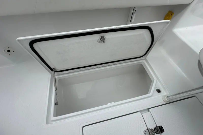 Slide: The Image of Open storage compartment on 2026 Bluewater 2850 boat, featuring a secure latch and hydraulic support. - 20