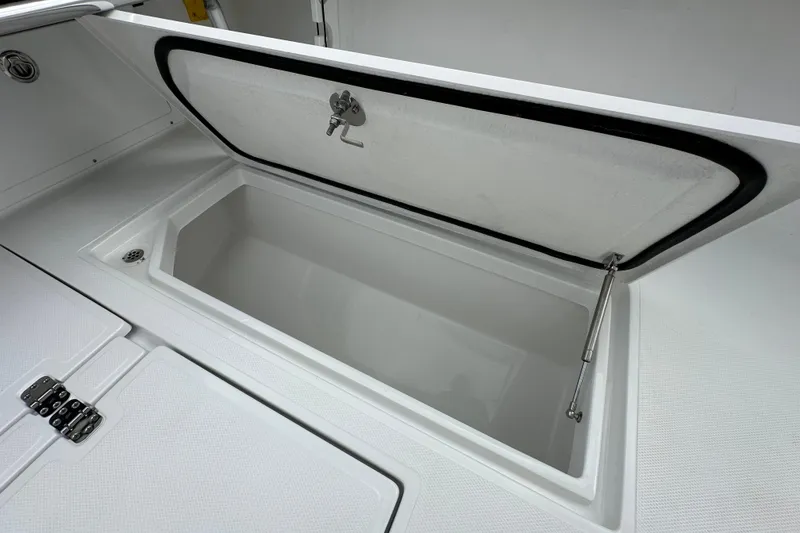 Slide: The Image of Open storage compartment on 2026 Bluewater 2850 boat, featuring secure latch and hydraulic support. - 21