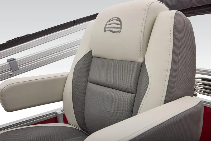 Slide: The Image of Manufacturer Provided Image: 2026 Sun Tracker Bass Buggy 16 XL Select boat seat, featuring gray and beige upholstery. - 62