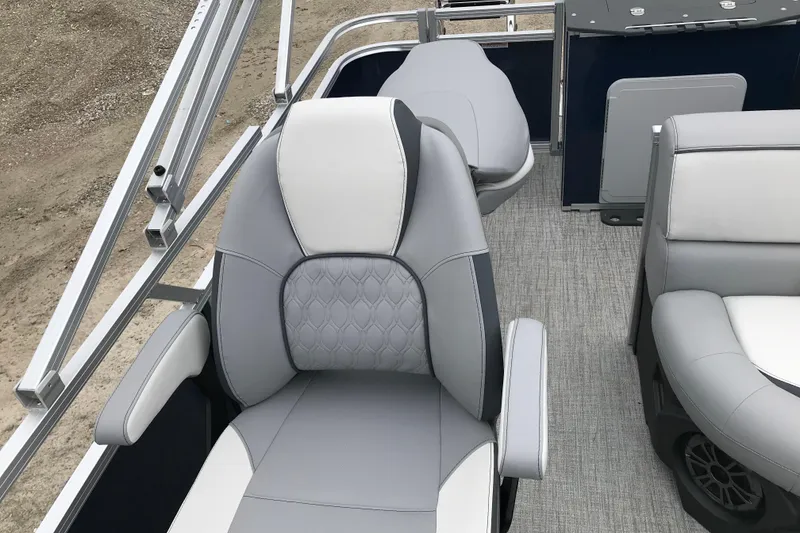 Slide: The Image of Luxurious seating on 2026 Avalon 19 Venture Quad Fish pontoon boat, featuring elegant gray upholstery. - 20