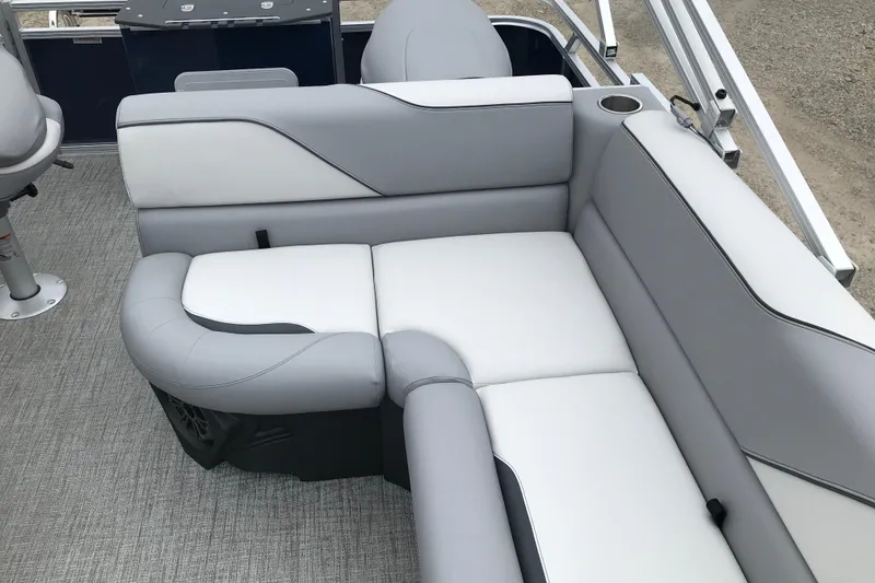 Slide: The Image of Luxurious seating on 2026 Avalon 19 Venture Quad Fish pontoon boat, featuring gray and white upholstery. - 21