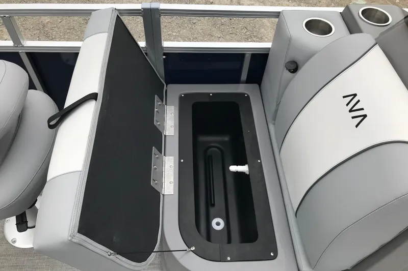 Slide: The Image of 2026 Avalon 19 Venture Quad Fish boat seating with storage compartment and cup holders. - 24