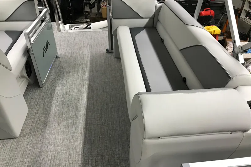 Slide: The Image of Interior of 2026 Avalon Venture Quad Lounger 19' with sleek gray seating and flooring. - 27