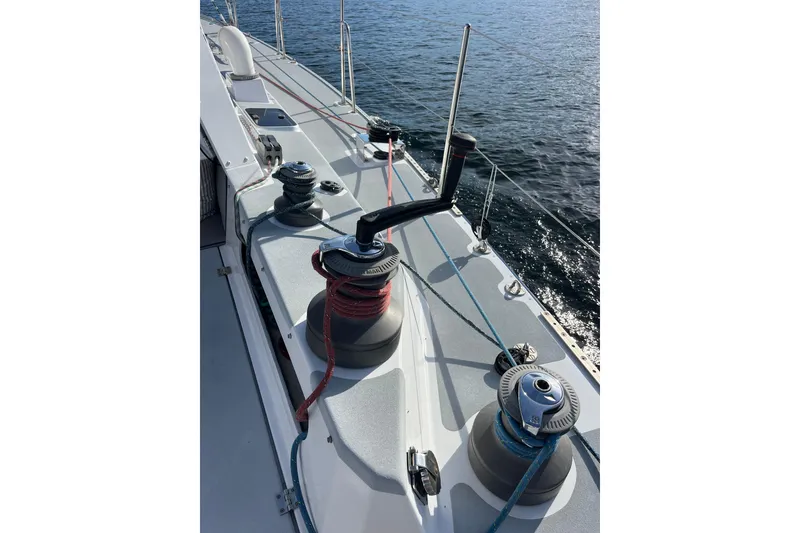 Slide: The Image of Deck of 1995 Able Apogee 50 sailboat with winches and ropes. - 71
