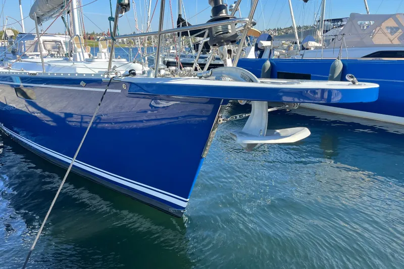 Slide: The Image of Blue Able Apogee 50 sailboat from 1995 docked in a marina. - 37