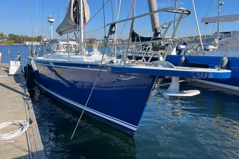 Slide: The Image of Blue Able Apogee 50 sailboat from 1995 docked at a marina. - 36
