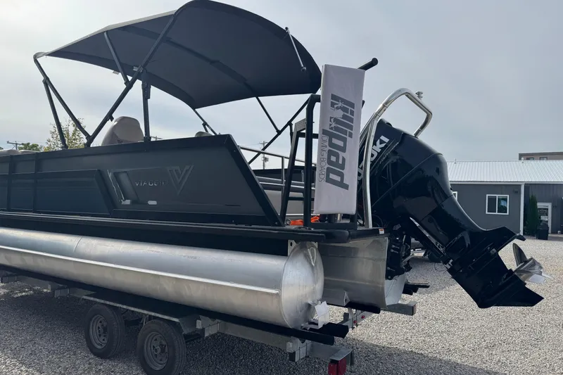 Slide: The Image of 2023 Viaggio DIAMANTE 23S pontoon boat with Suzuki outboard motor on trailer. - 3