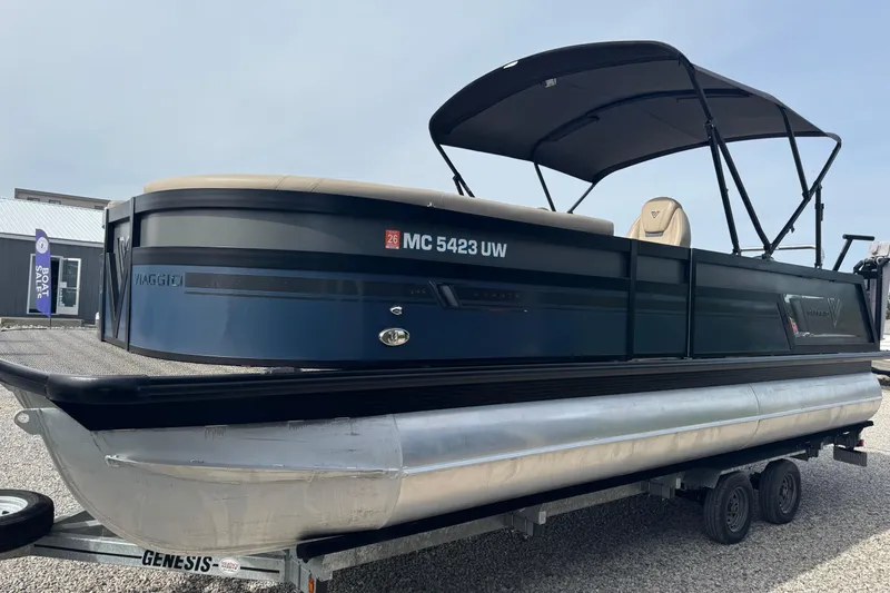 Slide: The Image of 2023 Viaggio DIAMANTE 23S pontoon boat on trailer, side view with canopy. - 5