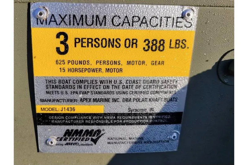 Slide: The Image of Capacity label on 2024 Polar Kraft 1436 Jon Boat, showing limits for persons and weight. - 4