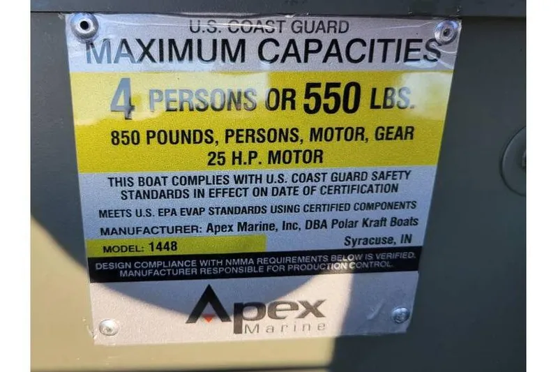 Slide: The Image of 2024 Polar Kraft 1448 Jon Boat capacity label, 4 persons or 550 lbs, 25 HP motor. - 4