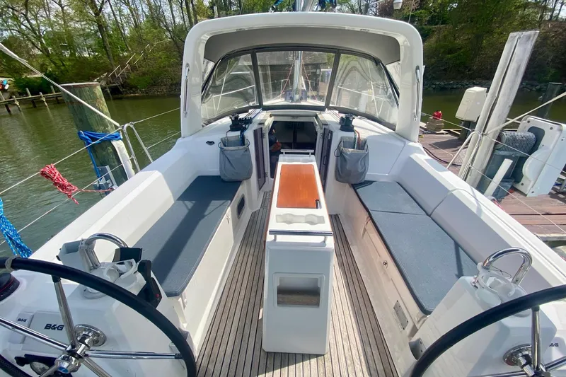 Slide: The Image of 2016 Beneteau Oceanis 35 cockpit with dual steering wheels and comfortable seating. - 40