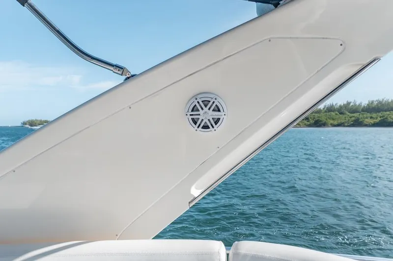 Slide: The Image of 2007 Azimut 62 Evolution yacht detail with speaker, ocean view in background. - 45