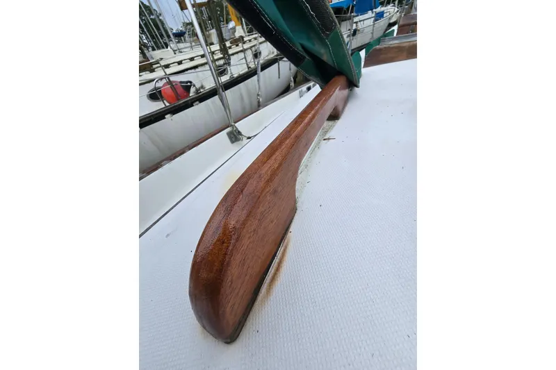 Slide: The Image of Interior of 1981 Kaiser 34' Gale Force offshore cutter, featuring a compact kitchen area. - 40