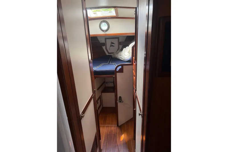 Slide: The Image of Framed ship engraving on wooden panel inside 1981 Kaiser 34' Gale Force offshore cutter. - 7