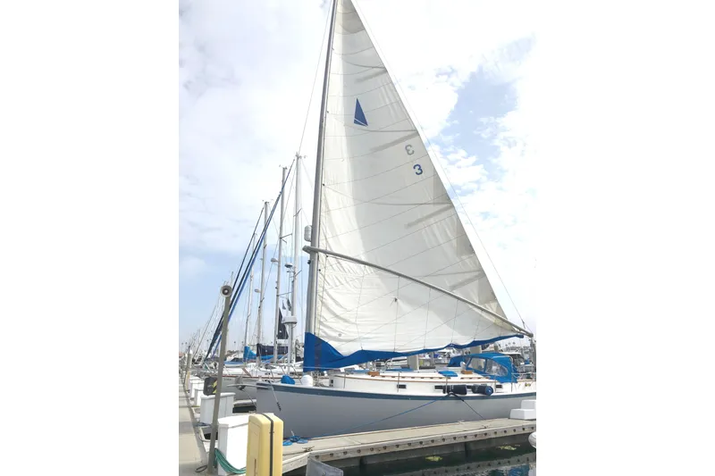 Slide: The Image of 1983 Nonsuch 36 sailboat docked with sails raised under a cloudy sky. - 19