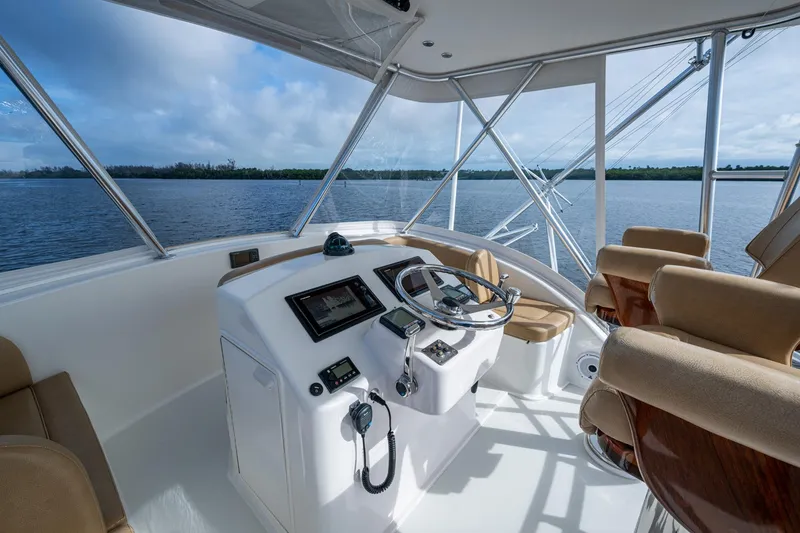 Slide: The Image of 2008 Ocean Yachts 37 Billfish helm with modern controls and panoramic water view. - 14
