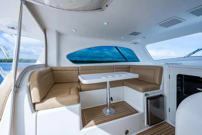 Slide: The Image of Luxurious interior of 2008 Ocean Yachts 37 Billfish with beige seating and ocean view. - 23