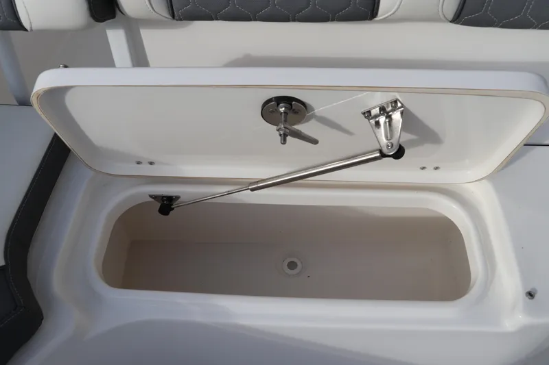 Slide: The Image of Open storage compartment on 2020 Tidewater 252 LXF boat, featuring secure latch and hydraulic support. - 46