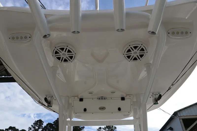 Slide: The Image of 2020 Tidewater 252 LXF boat's overhead view with speakers and rod holders. - 61