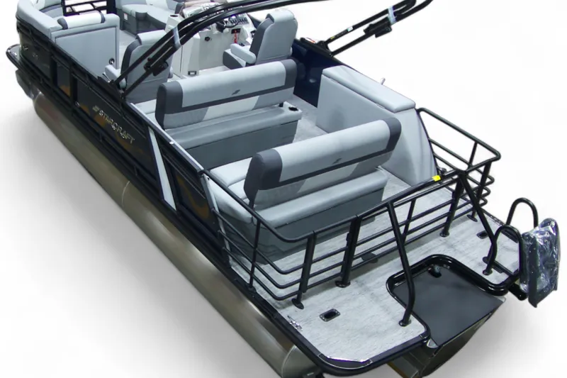 Slide: The Image of 2026 Starcraft EXS 3 pontoon boat with sleek design and spacious seating. - 21