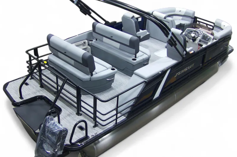 Slide: The Image of 2026 Starcraft EXS 3 pontoon boat with sleek seating and modern design. - 23