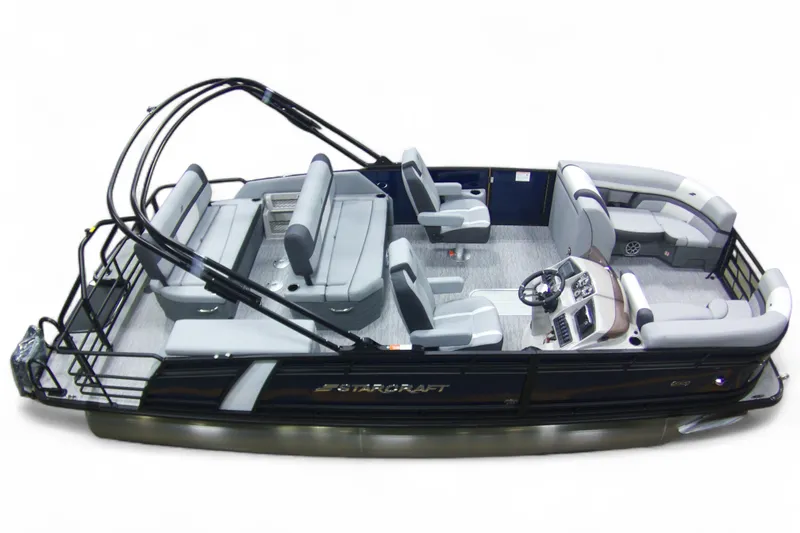 Slide: The Image of 2026 Starcraft EXS 3 pontoon boat with spacious seating and modern design. - 24