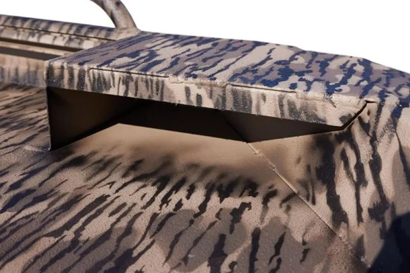 Slide: The Image of 2025 Havoc 1656 boat with digital camouflage interior design on pavement background. - 4