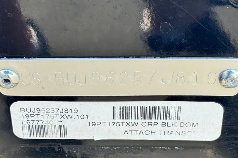 Slide: The Image of 2019 Tracker Pro Team 175 serial number plate with barcode and identification details. - 23