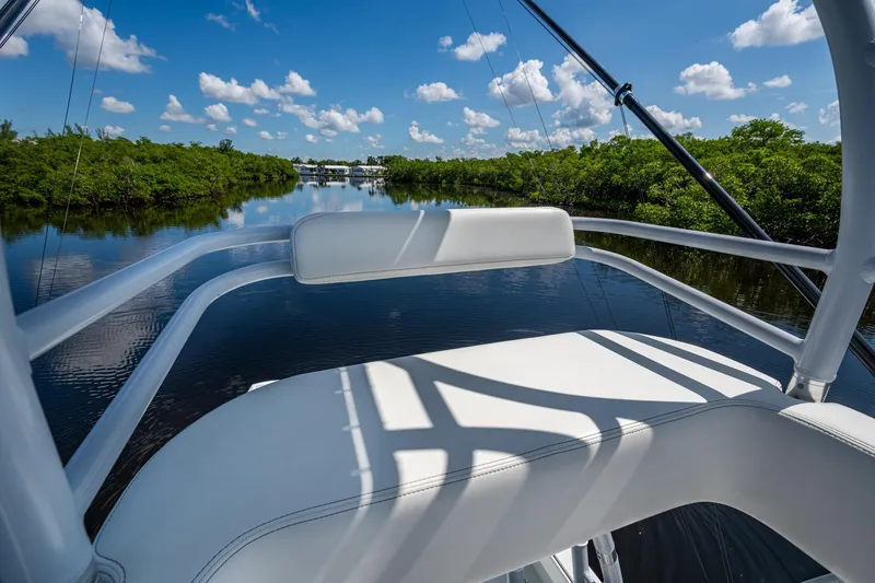 Slide: The Image of Invincible 33 Catamaran 2025 on serene waterway with lush greenery and blue sky. - 27