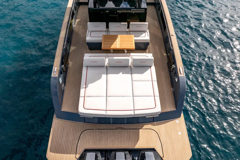 Slide: The Image of Luxury Pardo Yachts P43R 2026 model with elegant deck and seating on blue water. - 25