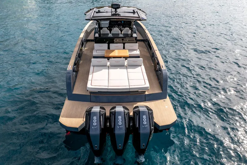 Slide: The Image of 2026 Pardo Yachts P43R luxury boat with triple 600 V12 engines on open water. - 26