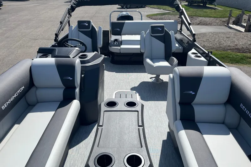 Slide: The Image of 2026 Bennington S Line boat interior with plush seating and modern design. - 2