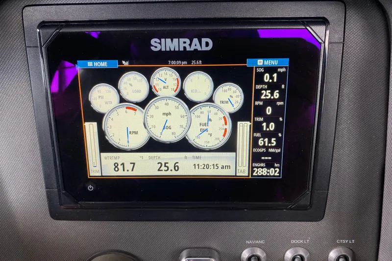 Slide: The Image of Simrad display on 2018 Manitou 25 X-Plode SRW SHP showing engine metrics and navigation data. - 27