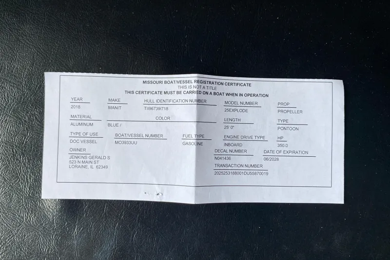Slide: The Image of Missouri boat registration certificate for 2018 Manitou 25 X-Plode SRW SHP pontoon. - 30