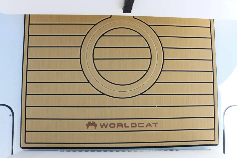 Slide: The Image of 2026 World Cat 295 CC boat deck with logo and circular design. - 10