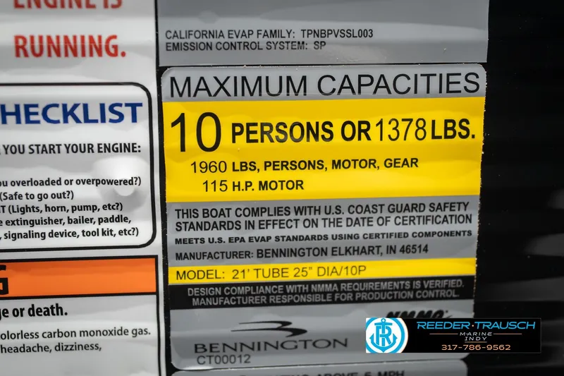 Slide: The Image of 2026 Bennington 22 SSR capacity label: 10 persons or 1378 lbs, 115 HP motor. - 54