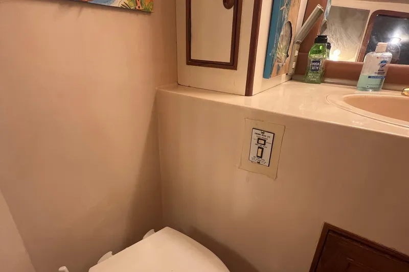 Slide: The Image of Bathroom interior of a 1990 Pace 42 Motor Yacht, featuring a toilet and sink area. - 36