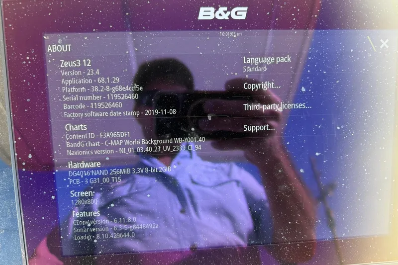 Slide: The Image of B&G Zeus3 display showing software details on a 1994 Pursuit 2150 Dual Console boat. - 15
