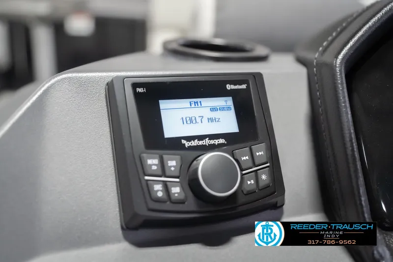 Slide: The Image of 2026 Bennington 22 SSB boat stereo system displaying FM radio frequency. - 34