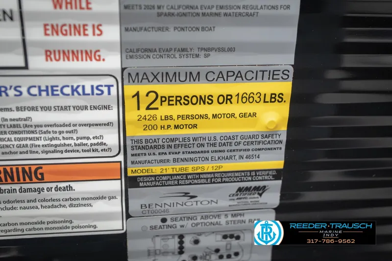 Slide: The Image of 2026 Bennington 22 SSB capacity label: 12 persons or 1663 lbs, 200 HP motor. - 60