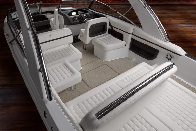 Slide: The Image of Manufacturer Provided Image: Luxurious interior of 2021 Cobalt 30SC boat with white seating and modern dashboard. - 18