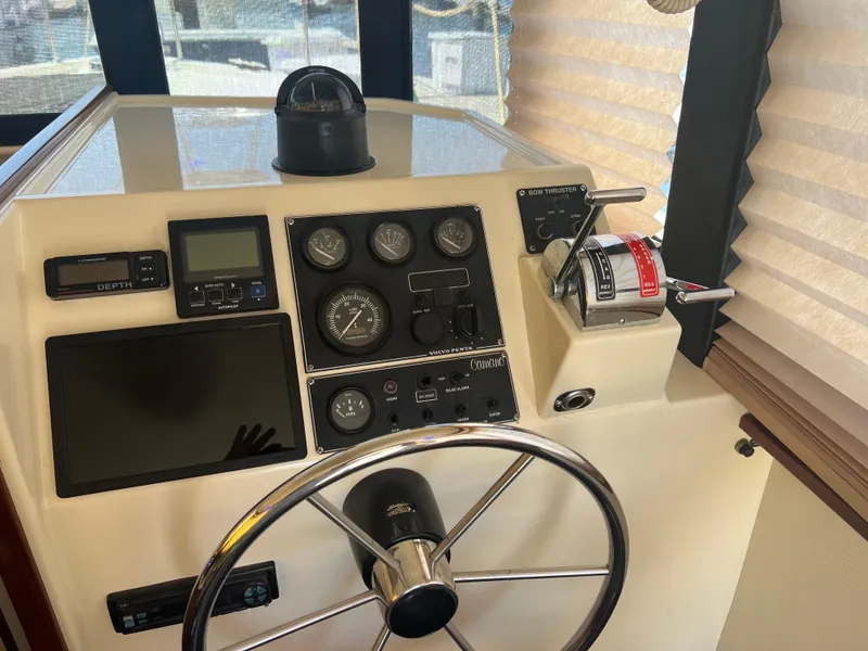 Slide: The Image of 2001 Camano 31 Troll helm with steering wheel, gauges, and navigation controls. - 41