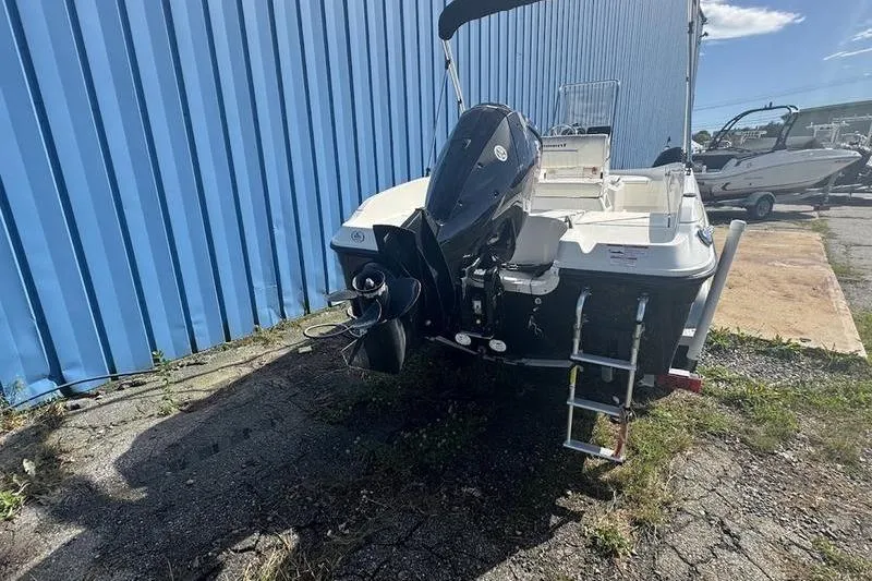 Slide: The Image of 2017 Bayliner Element F18 boat with outboard motor, parked beside a blue wall. - 8