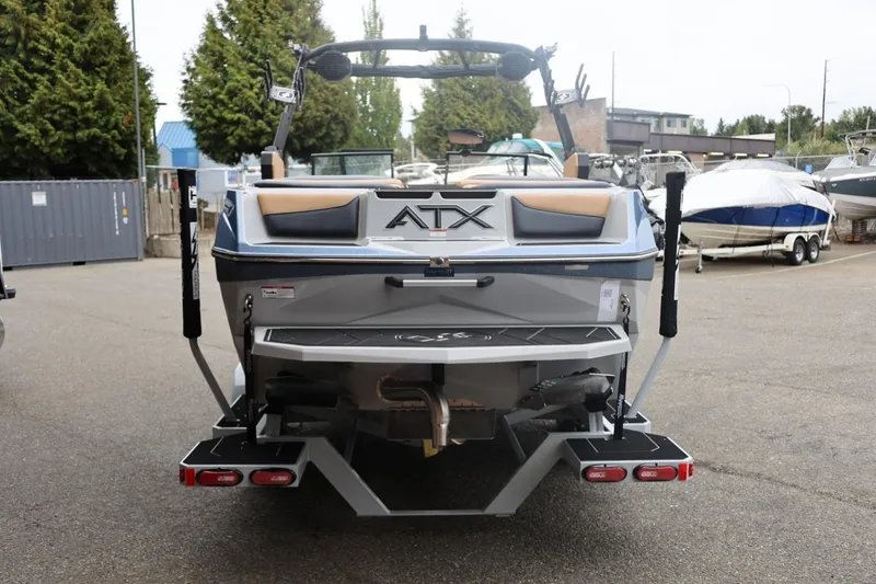Slide: The Image of 2026 ATX Surf Boats 22 Type-S, rear view in a marina setting. - 17
