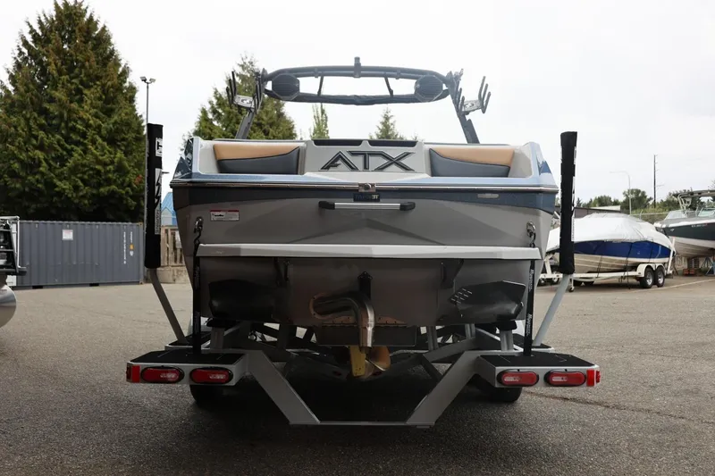 Slide: The Image of 2026 ATX Surf Boats 22 Type-S, rear view in a marina setting. - 21