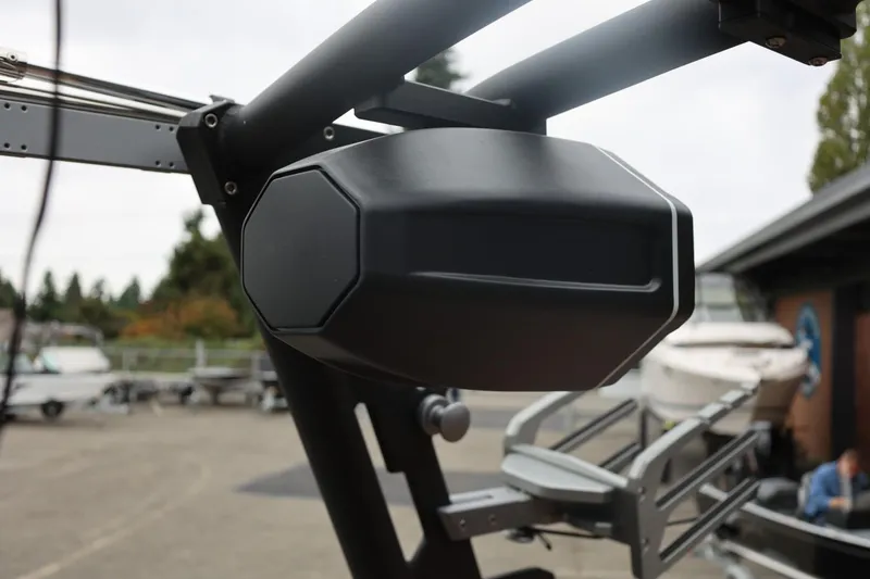 Slide: The Image of Close-up of 2026 ATX Surf Boats 22 Type-S tower speaker in a marina setting. - 59